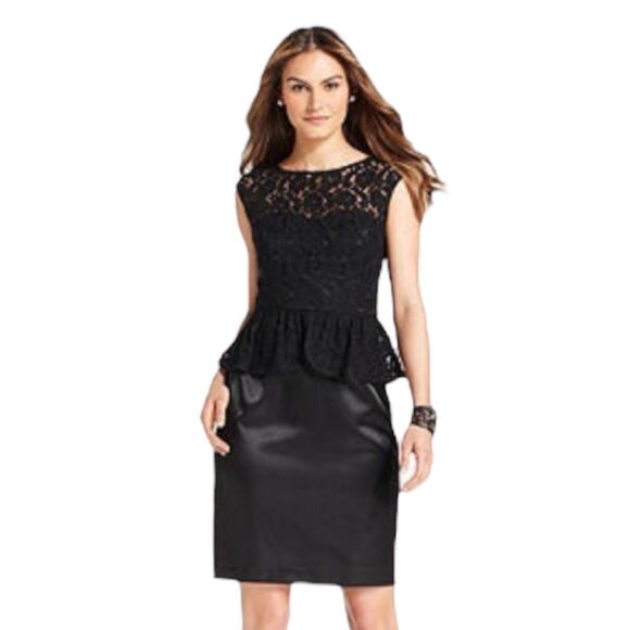 London Times Lace Peplum Satin Sheath Mini Dress Black Size 6 - Picture 1 of 8